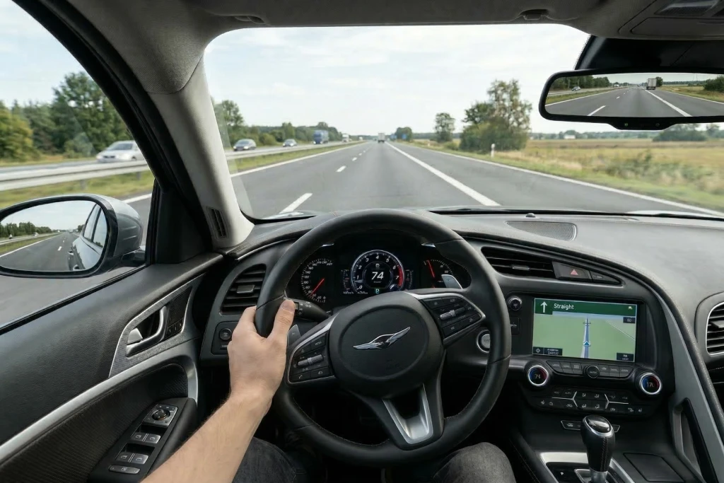View of an off-center steering wheel while the vehicle travels down a straight road